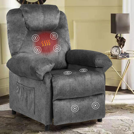 KCREAM Grey Overstuffed Massage Recliner Chair Living Room Chairs for Adults with Side Pockets Fabric Manual Small Recliner with Heating Push Back Recliner Single Sofa Chair KCREAM