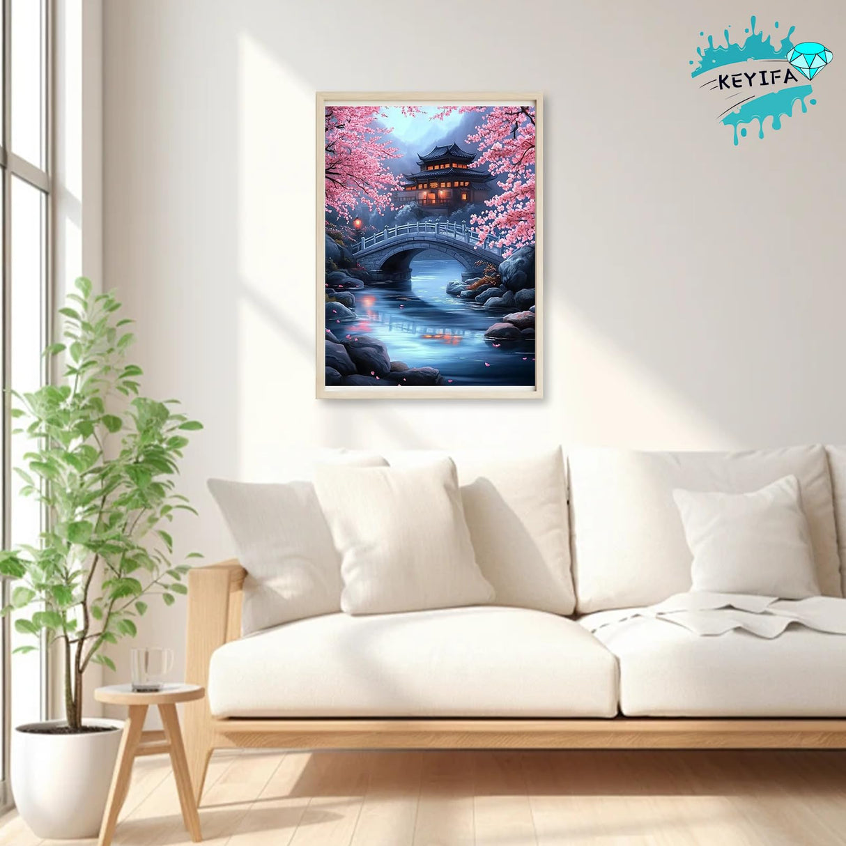 KEYIFA Diamond Art Kits for Adults, 5D DIY Diamond Painting Bridge, Round Full Drill, Cherry Blossoms Diamonds Dots Mosaic Painting, Crystal Gem Arts Craft for Home Wall Decor 12x16 in KEYIFA