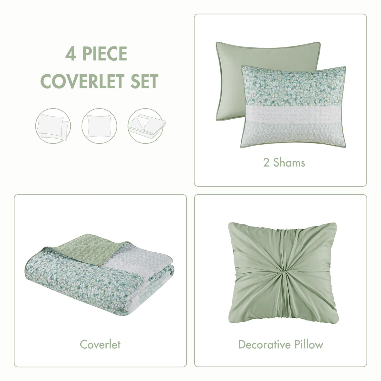 Madison Park Quilt Set, Seersucker Floral Coverlet for King Size Bed, All Season Lightweight Bedding, Farmhouse Quilt Set, Vermicelli Quilting, Throw Pillow, Caralie, King/Cal King Green 4 Piece Madison Park