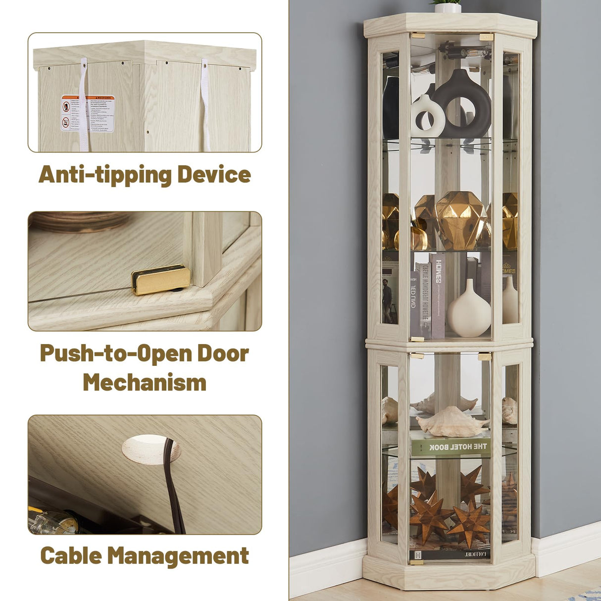 Tall Corner Cabinet with Glass Doors, Lighted Glass Display Curio Cabinet with Adjustable Shelves, Home Office Floor Standing Display Cabinets for Bar, Liquor Storage and Medal, Antique White BAOMKONG