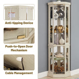 Tall Corner Cabinet with Glass Doors, Lighted Glass Display Curio Cabinet with Adjustable Shelves, Home Office Floor Standing Display Cabinets for Bar, Liquor Storage and Medal, Antique White BAOMKONG