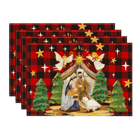 Artoid Mode Buffalo Plaid Kogiya Shepherd Christmas Placemats Set of 4, 12x18 Inch Winter O Holy Night Xmas Table Mats for Party Kitchen Dining Decoration Artoid Mode