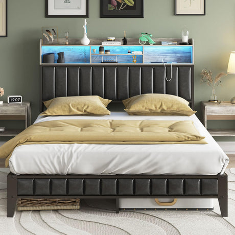 Halitaa LED Queen Bed Frame with Charging Station and Upholstered Bookcase Headboard in Wash Grey Halitaa