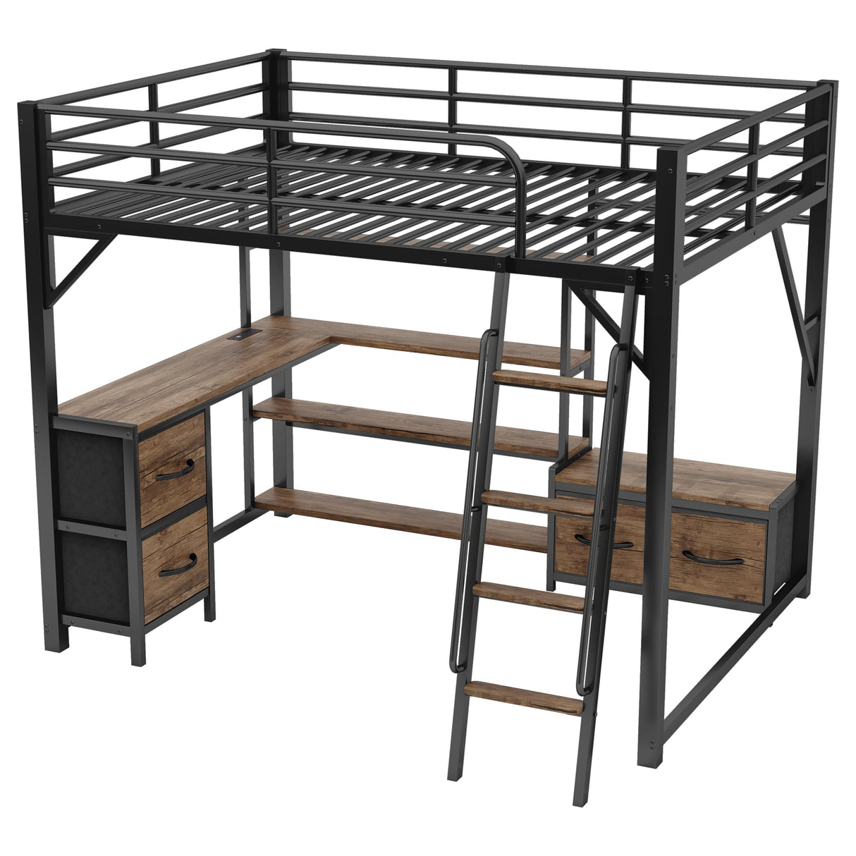 Loft Bed Queen Size with Desk and Charging Station, Metal Loft Beds Frame with LED Lights, Bookcase & 4 Fabric Storage Drawers & Bench, Adults Loft Beds with Wardrobe -Safety Guard & Ladder, Black Mirightone