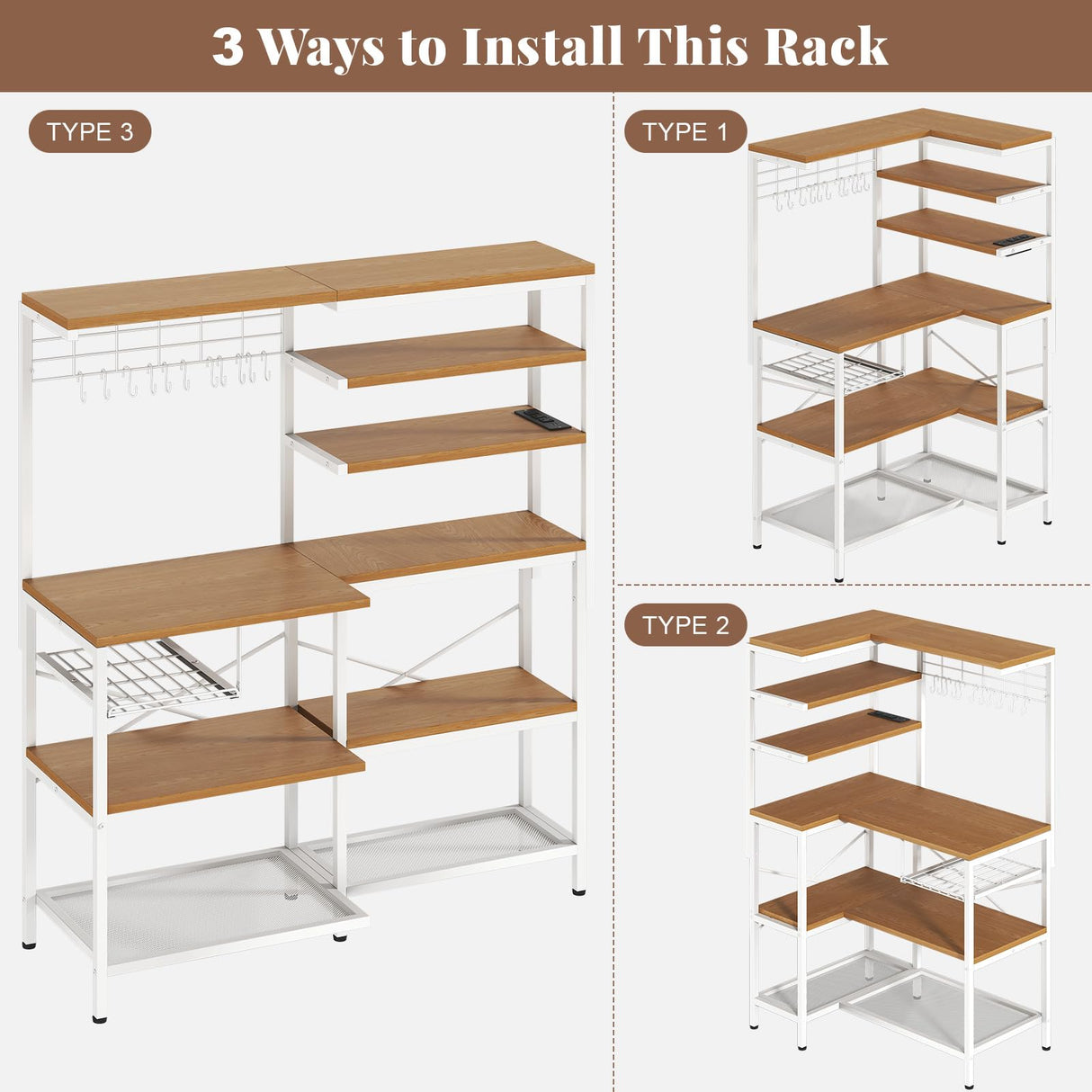 iabifo L-Shaped Bakers Rack with Power Outlet, 6-Tier Microwave Stand with Open Storage, Kitchen Shelf with Hooks, Coffee Bar with Wire Basket, White iabifo