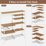 iabifo L-Shaped Bakers Rack with Power Outlet, 6-Tier Microwave Stand with Open Storage, Kitchen Shelf with Hooks, Coffee Bar with Wire Basket, White iabifo