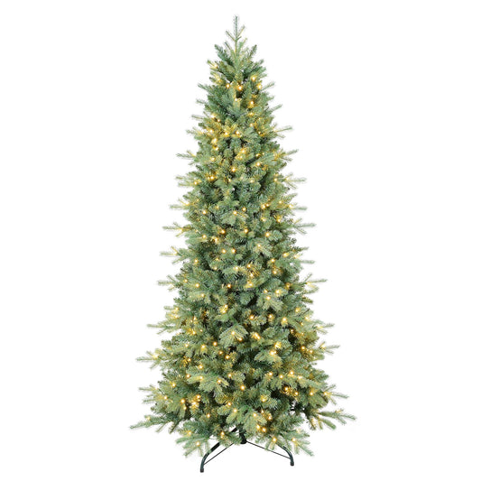 8 FT Prelit Artificial Skinny Christmas Tree,Blue Spruce Slim Pencil Xmas Tree with 1987 PE&PVC Mixed Branch Tips,500 UL Listed Clear Lights,Hinged Pine Tree with Metal Stand for Home Office Décor