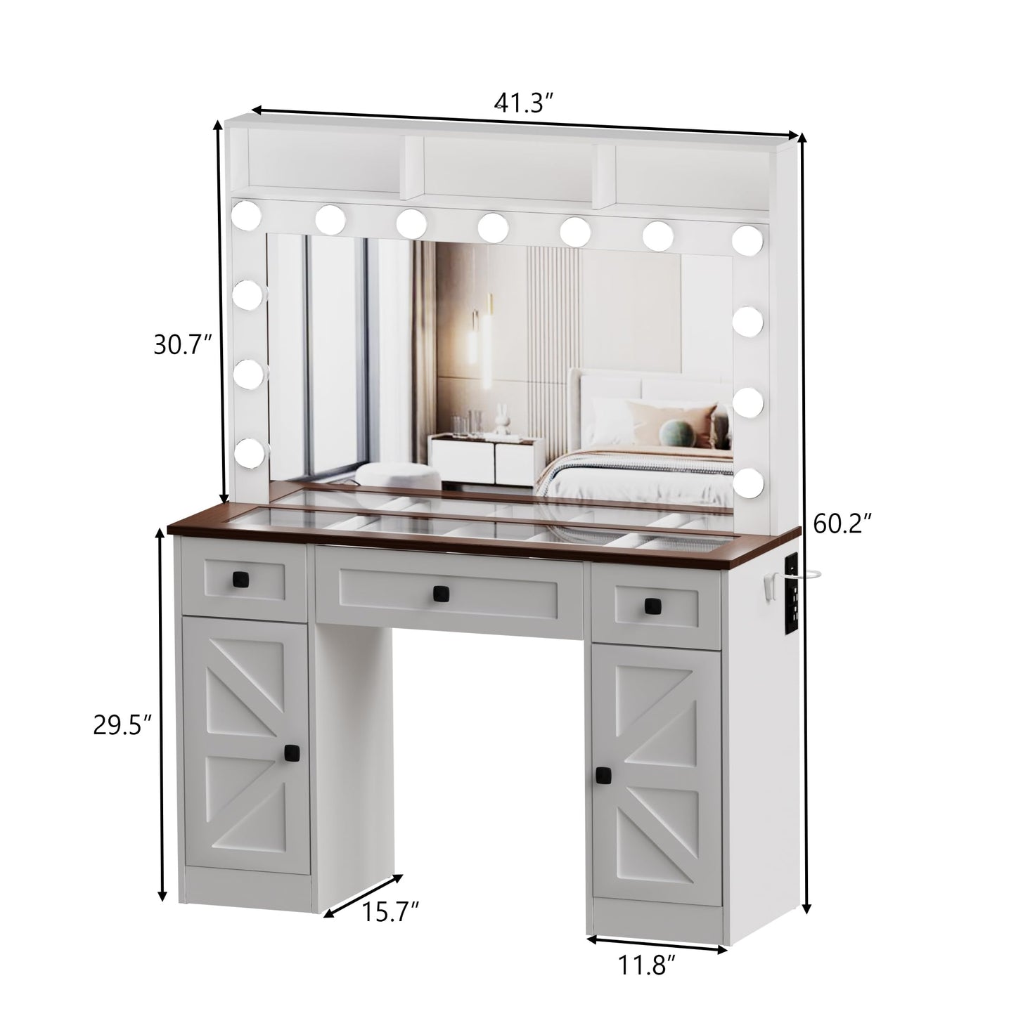 FURNJOYLIFE White Farmhouse Vanity Desk with Lighted Mirror & Charging Station, Makeup Vanity Dresser Table with 3 Lighting Modes Brightness Adjustable,Drawers,Shelves,Hair Dryer Stand for Be - WoodArtSupply