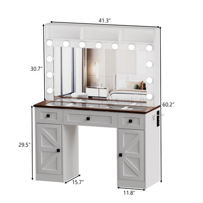 FURNJOYLIFE White Farmhouse Vanity Desk with Lighted Mirror & Charging Station, Makeup Vanity Dresser Table with 3 Lighting Modes Brightness Adjustable,Drawers,Shelves,Hair Dryer Stand for Be - WoodArtSupply