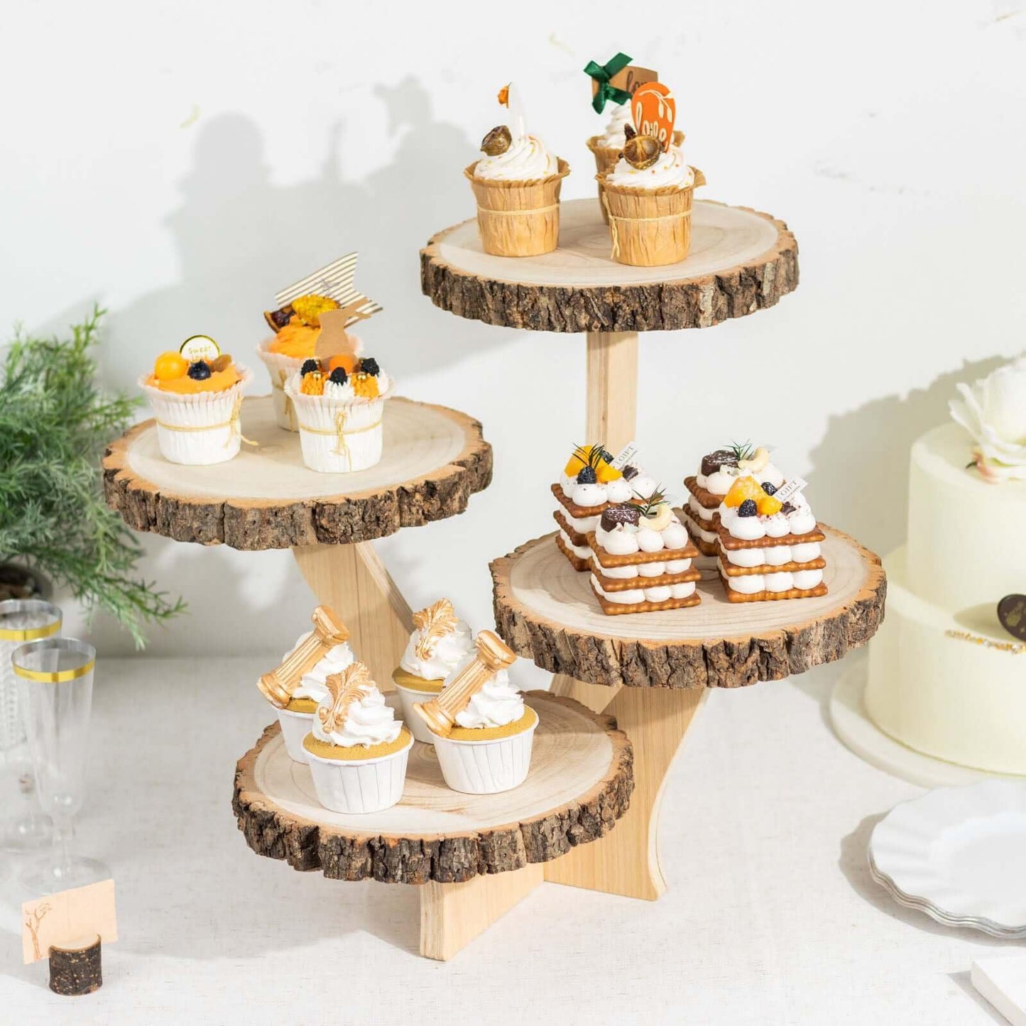 Efavormart 15" Tall 4-Tier Natural Farmhouse Style Wood Slice Cupcake Stand Holder, Rustic Dessert Display Cake Stand