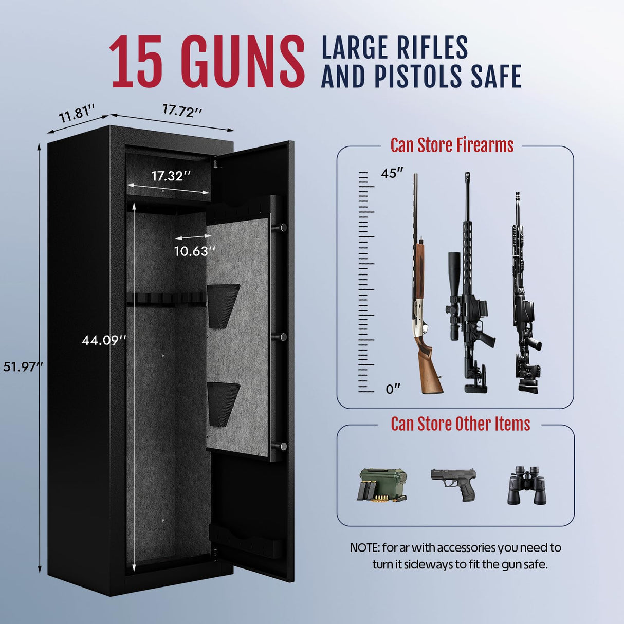 KAER 15 Gun Safe Assembled - Fingerprint Biometric Gun Safe for Rifles and Pistols, Long Rifle Safe Large Gun Cabinet for Shotguns with Digital Keypad, Removable Gun Racks, Pistol Pockets KAER