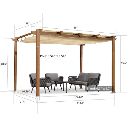 PURPLE LEAF 10' x 13' Outdoor Retractable Pergola with Sun Shade Canopy Patio Metal Shelter for Garden Porch Pavilion Natural Wood Grain Frame Modern Yard Grill Pergola with 24 LED String Lig - WoodArtSupply