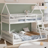 Giantex Twin Over Full Solid Wood House Bunk Bed with Safety Guardrails & Integrated Ladder - Convertible Design in White Giantex