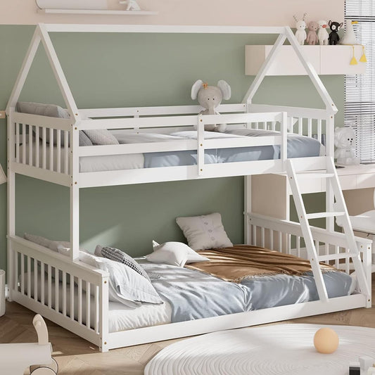 Giantex Twin Over Full Solid Wood House Bunk Bed with Safety Guardrails & Integrated Ladder - Convertible Design in White - WoodArtSupply