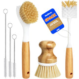 Holikme 6 Pack Dish Brush Scouring Pad Set with Bottle Brush, Dish Brush, Palm Scrub Brush and Straw Brush, Dish Scrubber Long Handle for Dish Bottle Cup Skillet Wok Pot Pan Cast Iron, Yellow Holikme