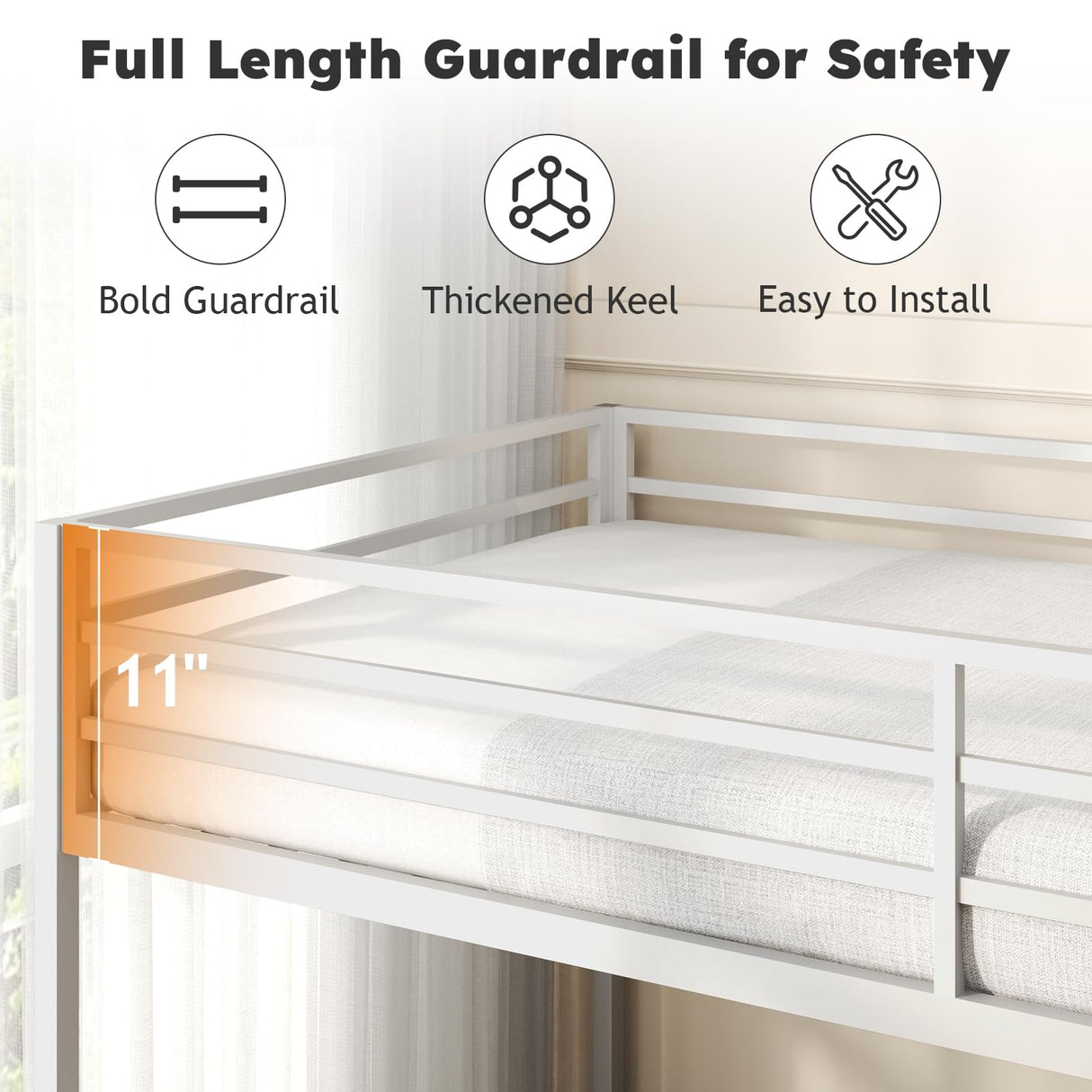 Zevemomo Twin Over Twin Bunk Bed, Metal Low Profile Bunkbeds with Full-Length Guardrail and Ladder, Space Saving, No Boxing Spring Needed, White Zevemomo