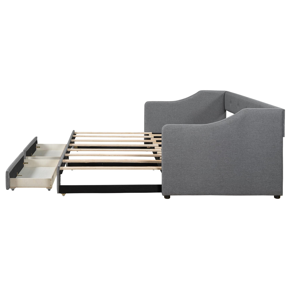 Merax Linen Upholstered Daybed with Trundle and 2 Storage Drawers, Twin XL to King Size Wooden Bed Frame & Buttoned Back for Living Room,Guest Room, No Box Spring Needed, Easy Assembly, Gray Merax