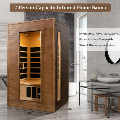 amocane Infrared Sauna 1 to 2 Person Cedar Wood Home Sauna Room, 110V Carbon Fiber Far Infrared Indoor Sauna Spa, Color Lights, Dry Sauna with Bluetooth(L 47.2" x W 41.3" x H 77.9")