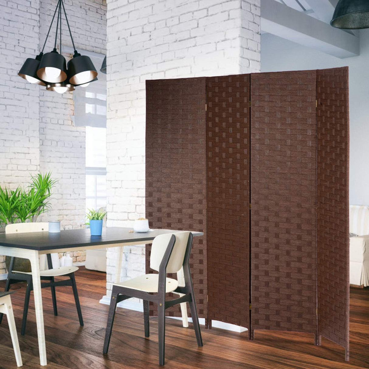FDW Room Divider 4 Panel Wood mesh Woven Design Room Screen Divider Wooden Screen Folding Portable partition Screen Screen Wood for Home FDW