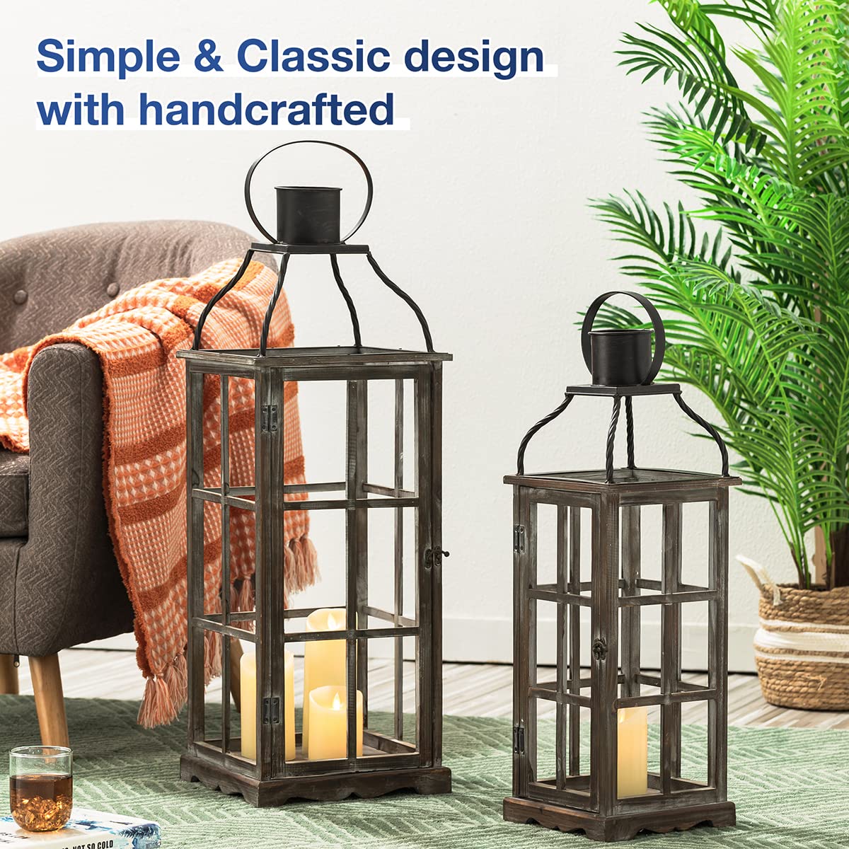 Glitzhome Farmhouse Oversized Wood Metal Lanterns Decorative Hanging Candle Lanterns Set of 2, Black (No Glass) Glitzhome