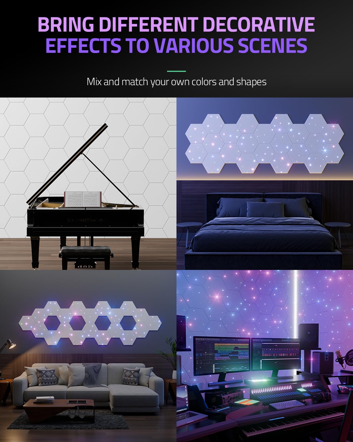 ZenSonic 12 Pack Self-adhesive Sound Proof Foam Panels for Walls 12" X 10" X 0.4" - Hexagon Acoustic Panels with Fiber Optic Starlight, Stylish Soundproof Wall Panels Absorb Noise and Wall Decor White ZenSonic