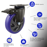 6 Inch Caster Wheels 3000lbs,Heavy Duty Casters Set of 4 with Brake, No Noise Polyurethane Swivel Caster Wheels for Cart,Furniture,Workbench(Free Screws & Spanners) Wieyunn