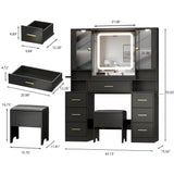 BORNOON Makeup Vanity with LARGE Lighted Mirror and Chair, 7 Drawers Vanity Makeup Desk Table with Power Strip, Adjustable Lighting, and Cushioned Storage Stool for Women, Girls, Teens, and Home Decor BORNOON