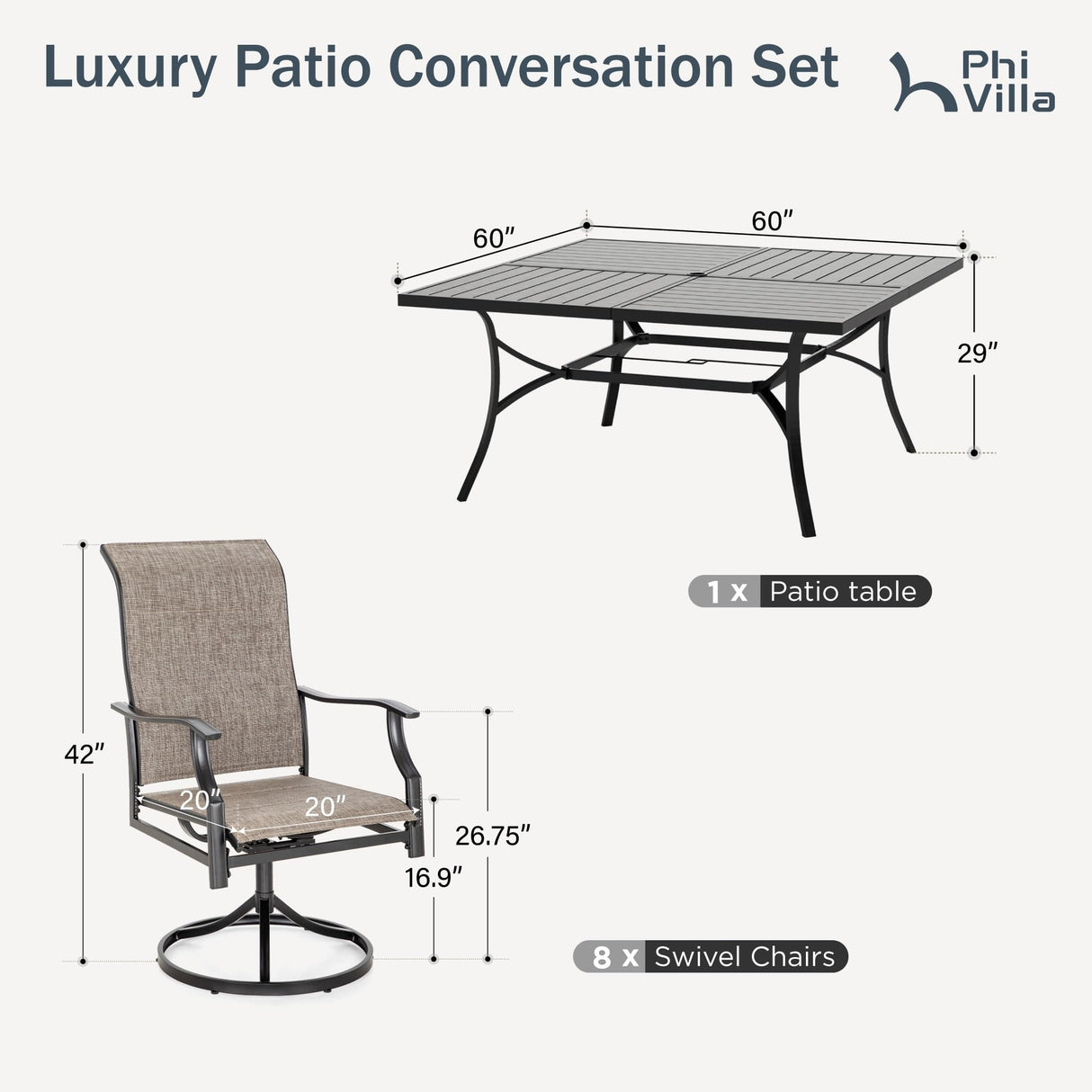 PHI VILLA 9 Pcs Patio Dining Set with Large Square Metal Dining Table & 8 High Back Padded Outdoor Swivel Dining Chairs, Outside Table Chair Furniture Dining Set for 8 Person PHI VILLA