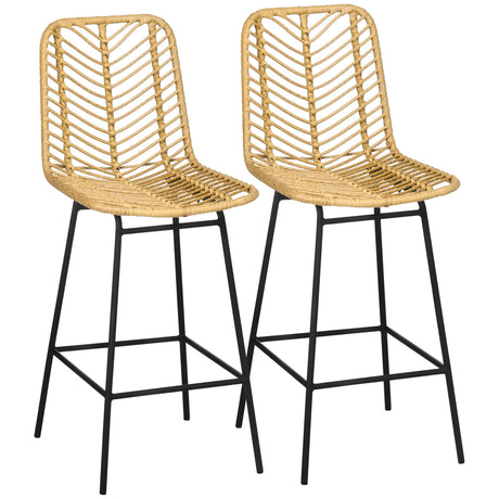 HOMCOM Rattan Bar Stools Set of 2, 26" Counter Height Barstools, Boho Kitchen Island Stools with Breathable Wicker Seat and Back, Yellow HOMCOM