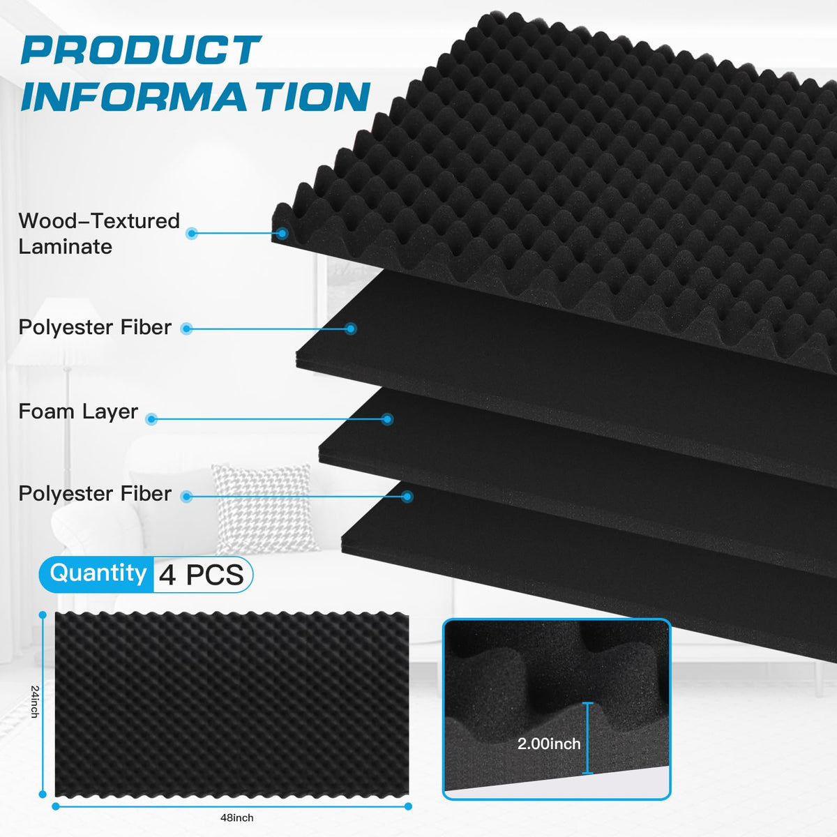 4 Pack-48X24X2 Inches Acoustic Panels, Egg Crate Foam soundproof wall panels,sound proof foam panels for walls, noise dampening panels,Sound Panels, Studio Foam for Wall and Ceiling HUIDNAI