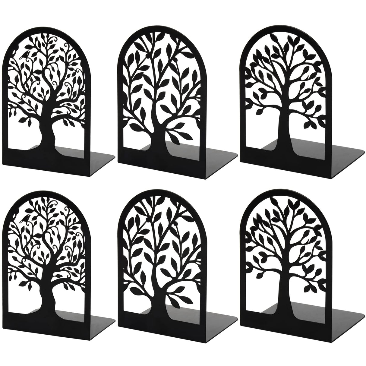 HappyHapi Book Ends, Metal Bookends for Shelves Decorative, Tree Stopper for Heavy Books, Black Ends to Hold Books for Home Office, 6.5 X 4.7 X 3.5 Inch(3 Pairs/6 Pcs, Large) HappyHapi
