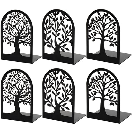 HappyHapi Book Ends, Metal Bookends for Shelves Decorative, Tree Stopper for Heavy Books, Black Ends to Hold Books for Home Office, 6.5 X 4.7 X 3.5 Inch(3 Pairs/6 Pcs, Large) HappyHapi