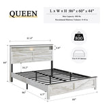 madeslves Farmhouse Wooden Bed Frame Queen Size with Storage Headboard, Boho Platform Bedframe with LED Lights and Charging Station, Metal Slats Support, No Box Spring Needed, White madeslves