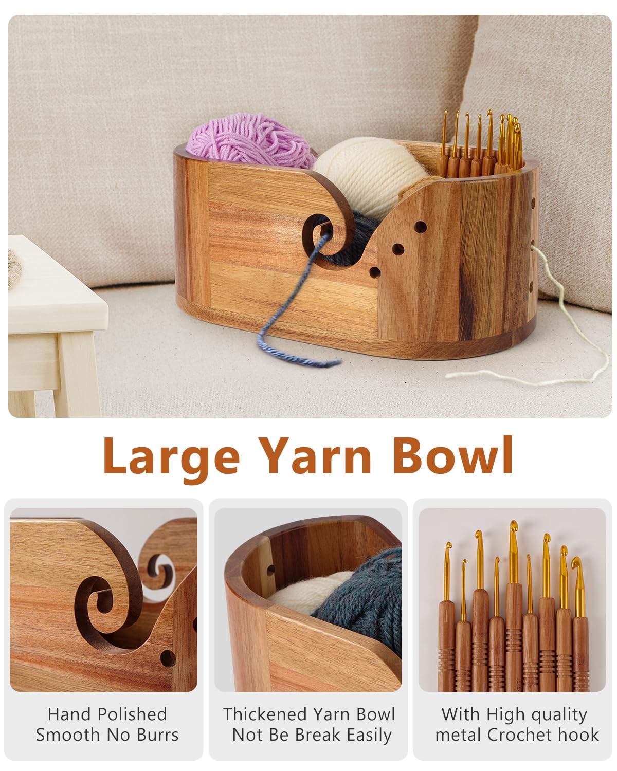 Oval Yarn Bowl, Crochet Yarn Holder with 9pcs Knitting Hooks, Yarn Storage Crochet Bowl Knitting for Crocheters, Large Yarn Bowl Acacia Wooden 11.3x5.9x4.7inch (Acacia Yarn Bowl) UNAYMIDY