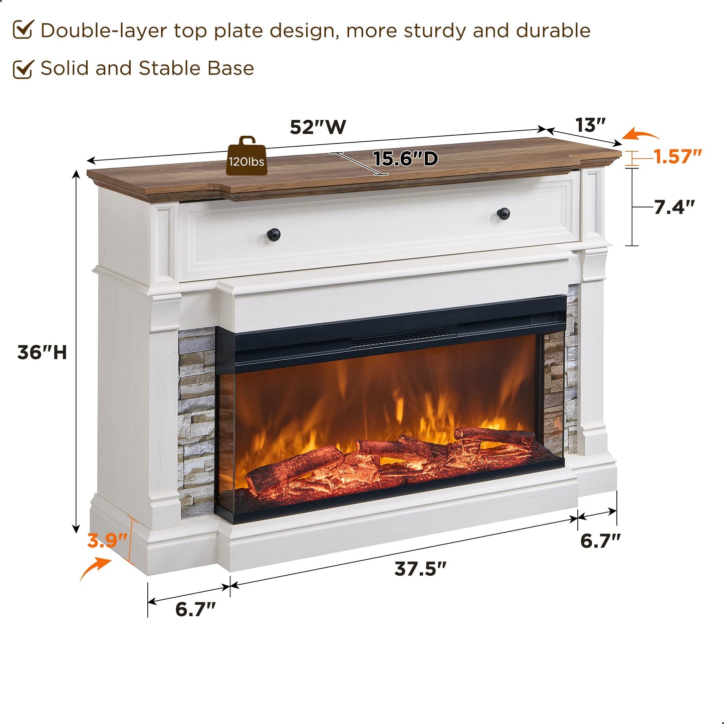 RedLemon 3-Sided Glass Fireplace TV Stand for TVs up to 65'', 52'' Electric Fireplace with Mantel, 36'' Tall Highboy Farmhouse Entertainment Center with Storage for Living Room, Antique White