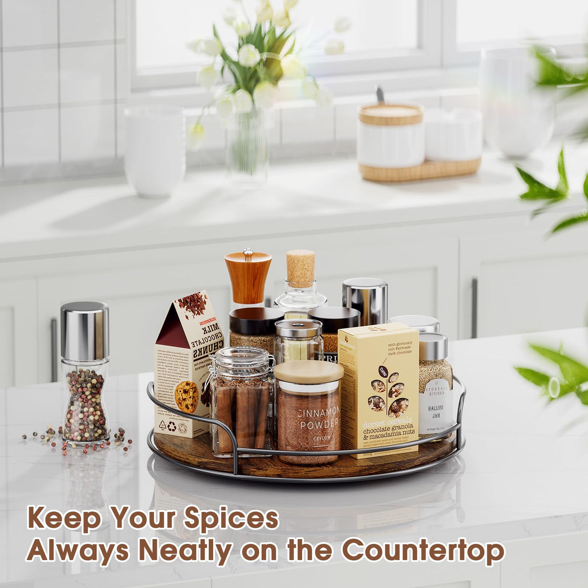 LAMU Lazy Susan Organizer, 9'' Lazy Susan Turntable for Cabinet, Table Top, Kitchen, Countertop, Bathroom, Pantry, Spice Organization, Wooden,1 Pack LAMU