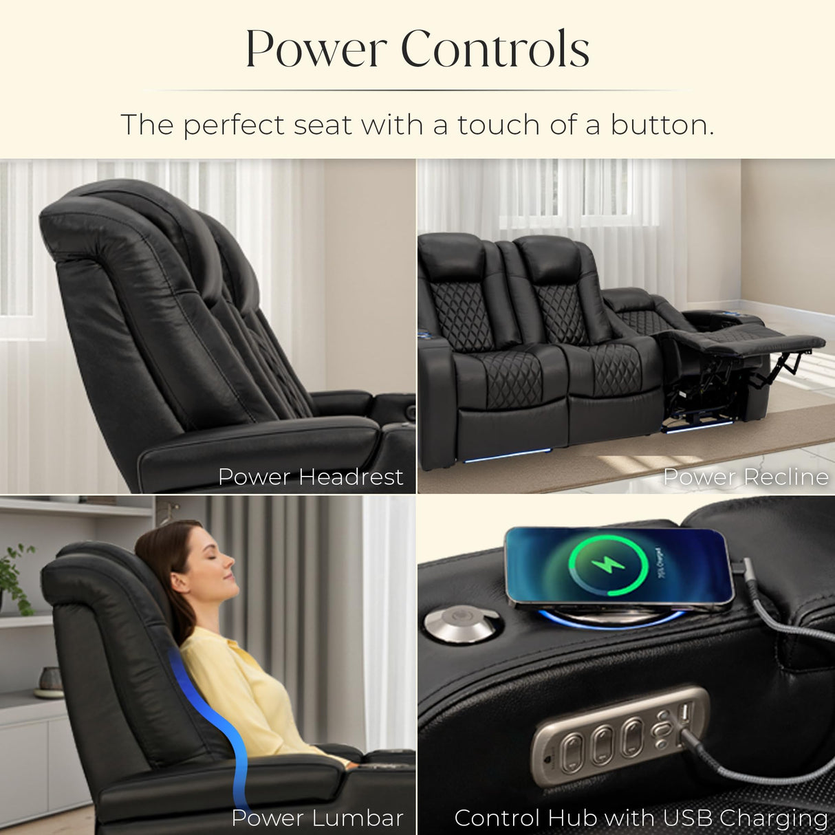 Seatcraft Virtuoso LT Zero-Gravity HeatZero Italian Leather Home Theater Seating, Heat & Massage, Power Headrest, Power Recline, Row of 5 Left Loveseat, Black Seatcraft