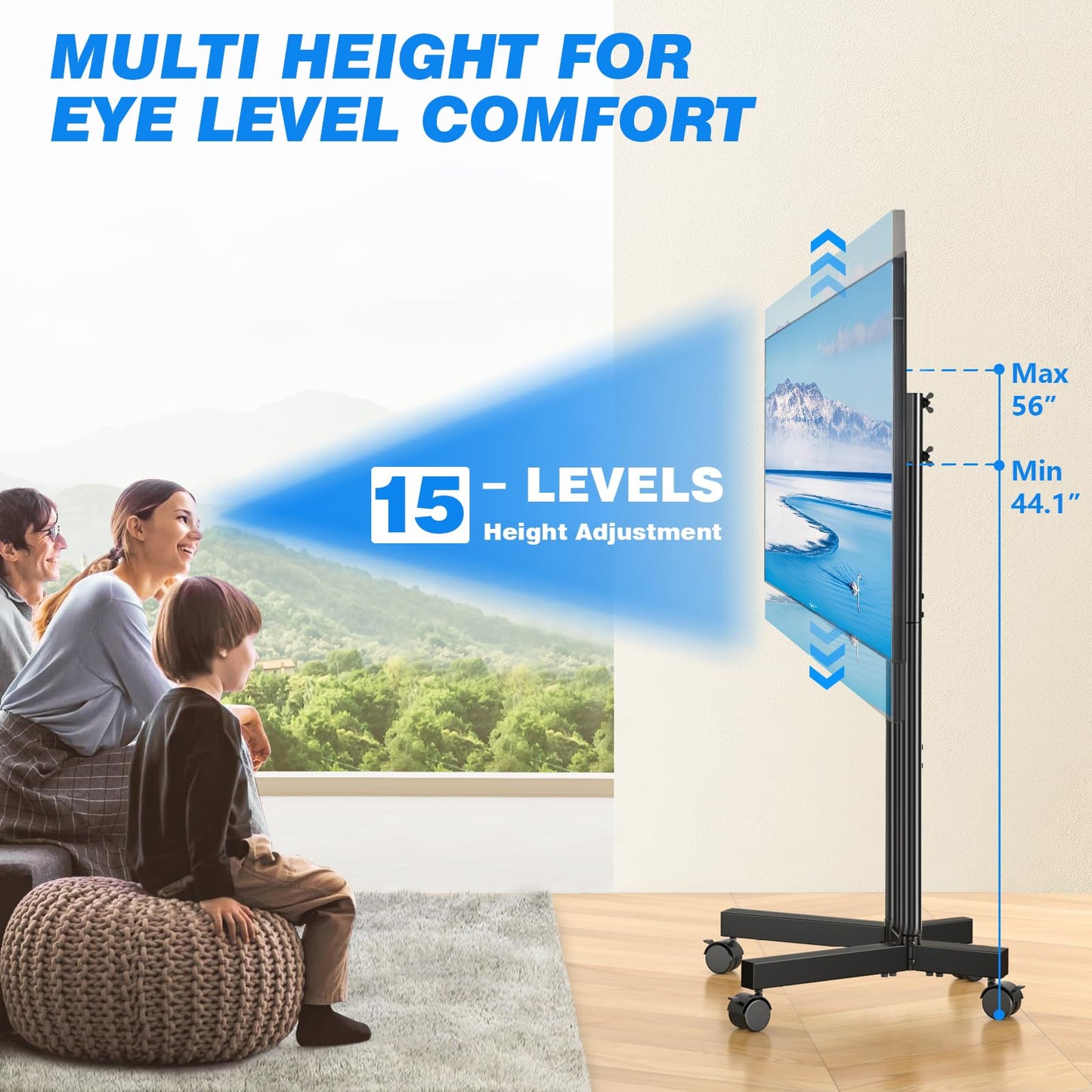 Rfiver Rolling TV Stand for 32-70 Inch TVs, Mobile TV Stand with Upgraded Wheels up to 88lbs, Height Adjustable Mobile TV Cart on Wheel, Portable TV Stand for Bedroom, Living Room, Home, Office