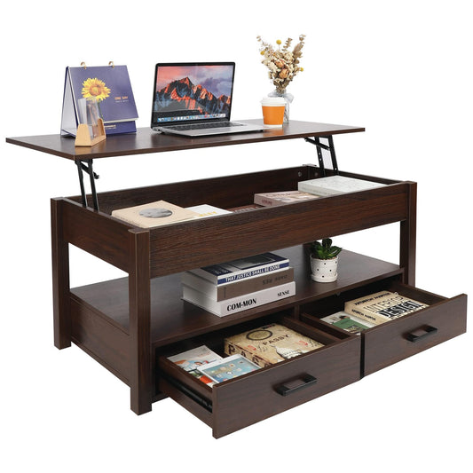 AKVOMBI 42in Lift Top Coffee Tables with Storage for Living Room, Retro Central Wood Table with Hidden Compartment and 2 Drawers, Espresso