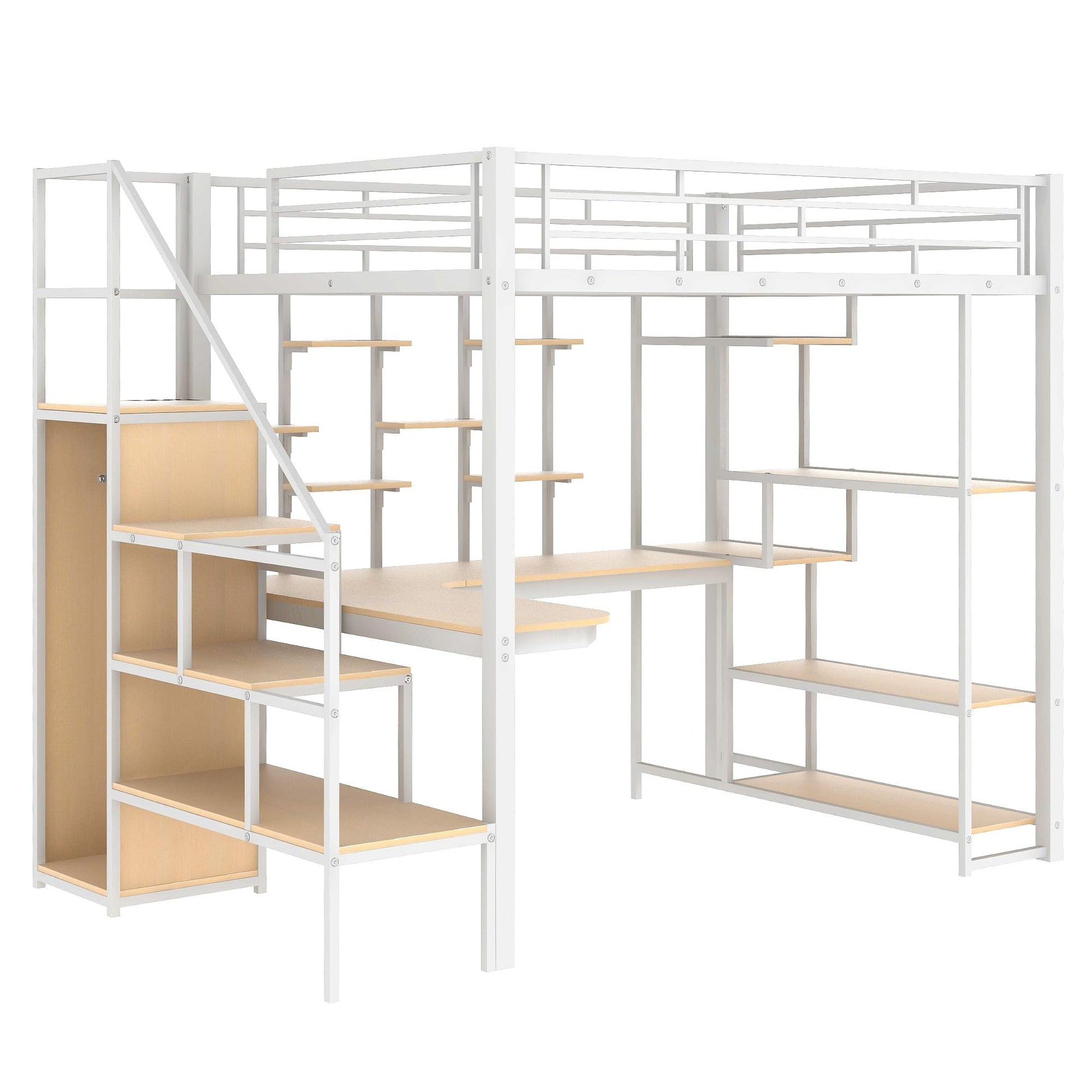 RuiSiSi Multifunctional Full Metal Loft Bed with Integrated Desk, Wardrobe, and Shelves in White - WoodArtSupply