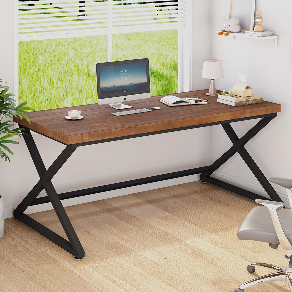 IBF Solid Wood Computer Desk, Rustic 55” Real Wood Home Office Work Desk, Farmhouse Natural Wood Desk for Writing Study, Simple Fir Wooden PC Table Workstation for Living Room Bedroom, Brown, 55 inch IBF