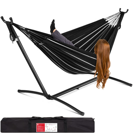 Best Choice Products Double Hammock with Steel Stand, Indoor Outdoor Brazilian-Style Cotton Bed w/Carrying Bag, 2-Person Capacity - Onyx Best Choice Products