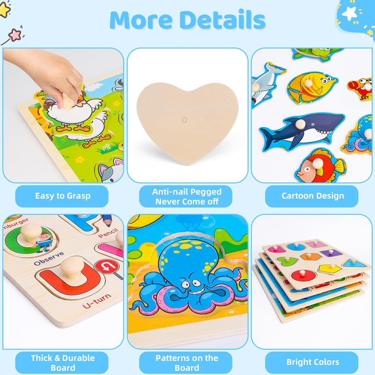 Wooden Peg Puzzles for Toddlers 2 3 4 Year Old, 4 Pack Montessori Toys Preschool Learning Puzzles for Toddlers 1-3 with Animals, Shapes, Alphabet, Wooden Toddler Toys Gifts for Kids Boys Girls Peacurh