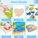 Wooden Peg Puzzles for Toddlers 2 3 4 Year Old, 4 Pack Montessori Toys Preschool Learning Puzzles for Toddlers 1-3 with Animals, Shapes, Alphabet, Wooden Toddler Toys Gifts for Kids Boys Girls Peacurh