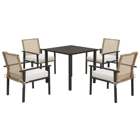 Outsunny 5 Pieces Outdoor Dining Set for 4, Wicker Rattan Patio Furniture Set, Patio Table and Chairs Set with Cushions, Square Metal Table Top, Conversation Set for Garden, Backyard, Deck, Beige Outsunny