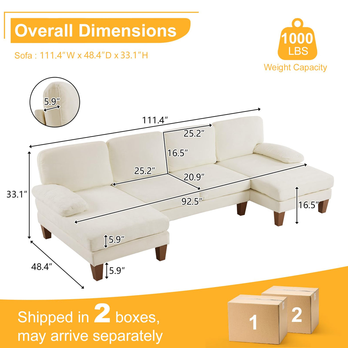 Karl home U-Shape Sectional Sofa Couch 111" Modern 4-Seat Sofa with Chaises Chenille Fabric Upholstered Covertible Couch with Wood Grain Legs for Living Room, Reception Room, Apartment, Beige Karl home