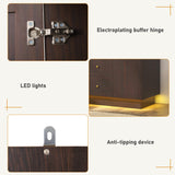 3 Doors Armoire Wardrobe Closet with Mirror, LED Armoire with Doors and Drawers, Wooden Armoire Storage Cabinet with Hanging Rod, Adjustable Shelves, Brown chartustriable