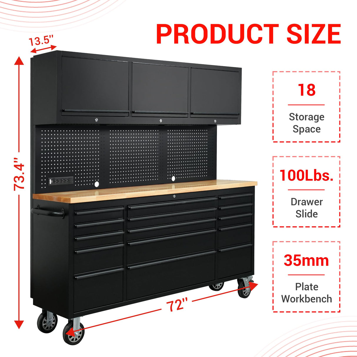 CT Copper Tailor 72-inch Rolling Tool Chest with Integrated Power Strip,15 Drawers and Wheels, Garage Workbench with Storage, 3 Upper Cabinets, Pegboard in Matte Black CT Copper Tailor