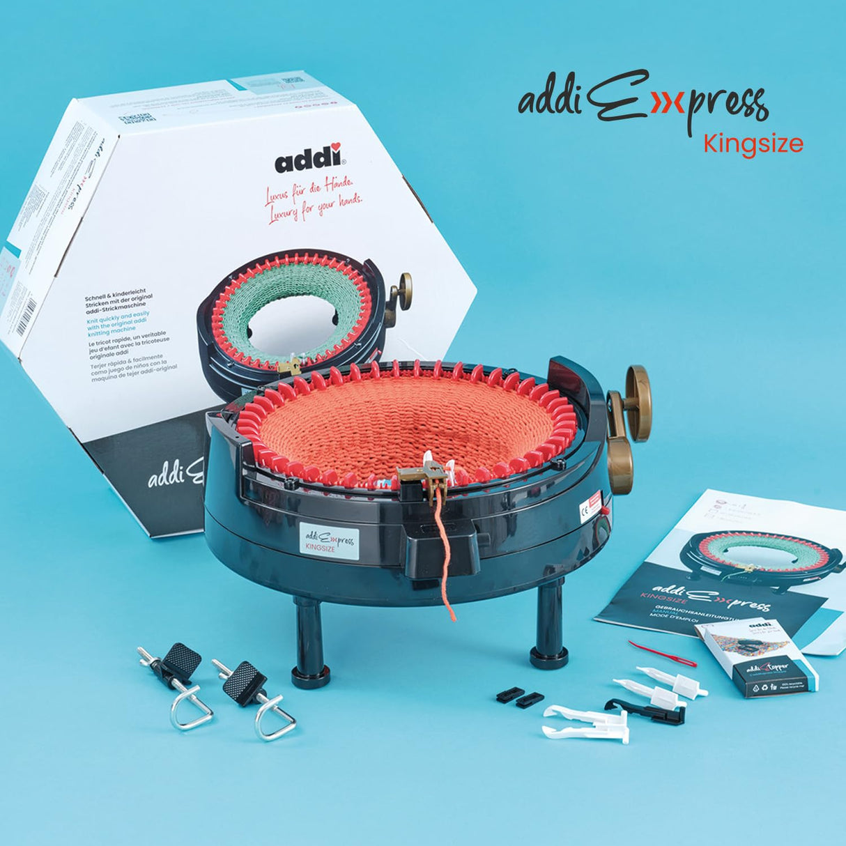 addiExpress King Size Knitting Machine, 46 Needles Circle Knit Loom Machine with Row Counter and Hand Crank, Black, 17.7 Inch addi