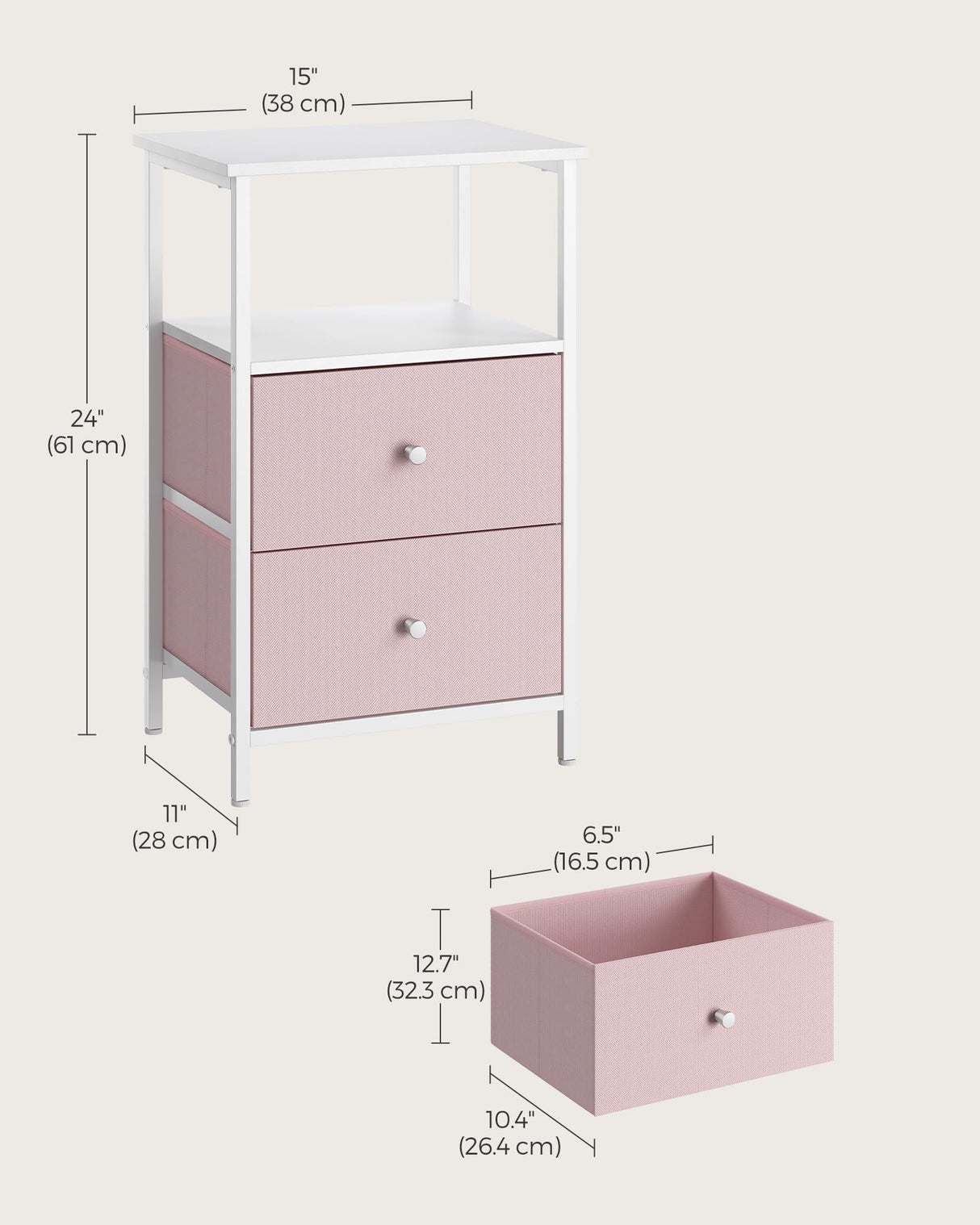 VASAGLE Nightstand, Side Table with 2 Fabric Drawers, 24-Inch Tall End Table with Storage Shelf, Bedroom, Jelly Pink and White ULGS025R05 VASAGLE